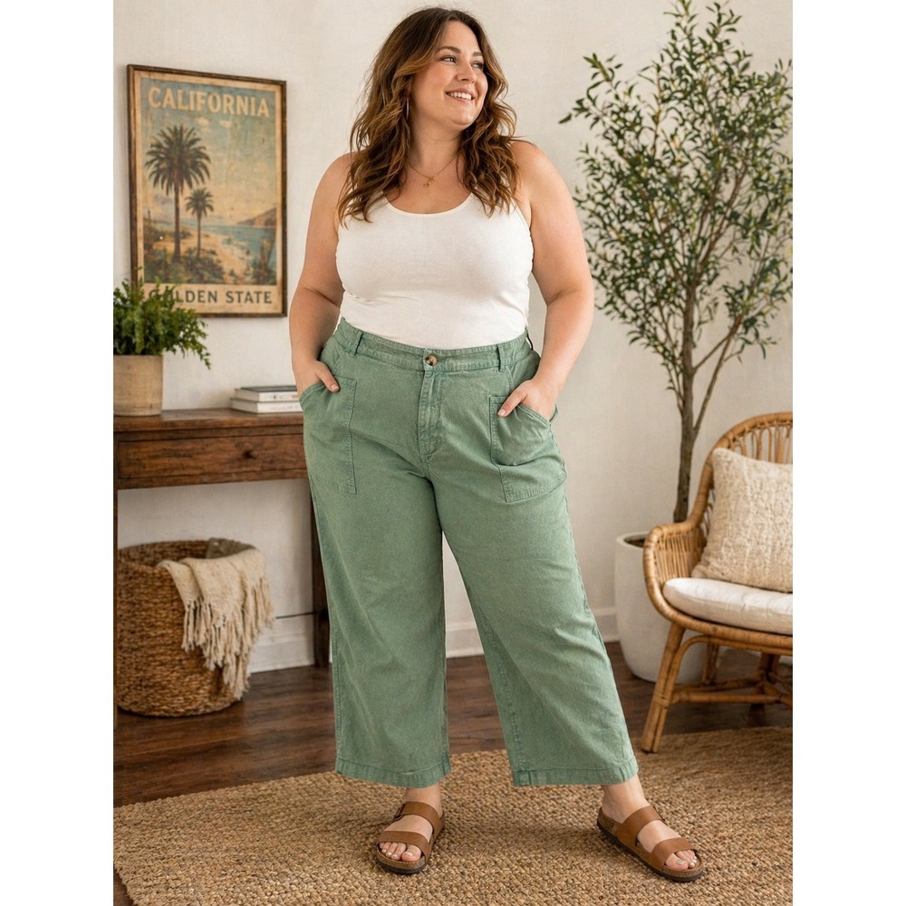 Wonderly Green Utility Pants Wide Leg Cropped Boho Coastal Cottagecore Size 22W